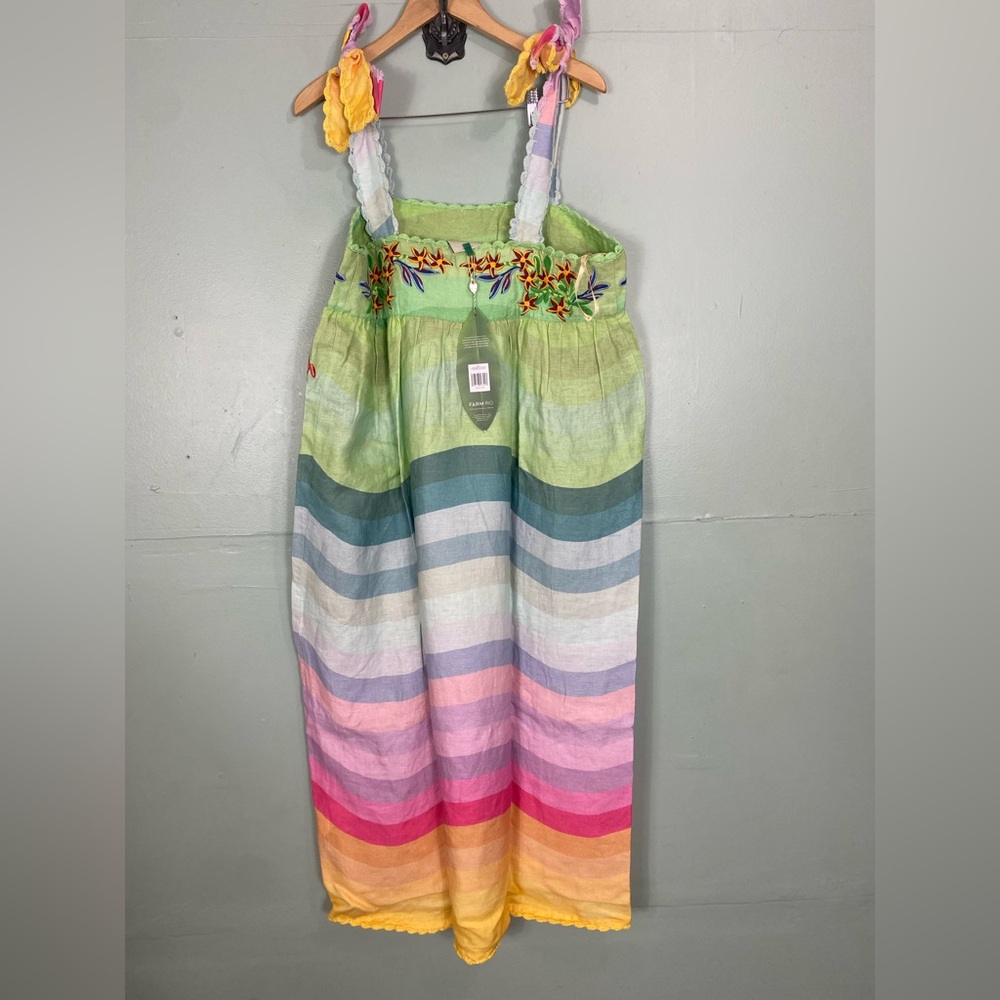 FARM Rio Aura Floral Embroidered Tunic Maxi Dress Rainbow Multicolor Large Linen - Picture 5 of 6